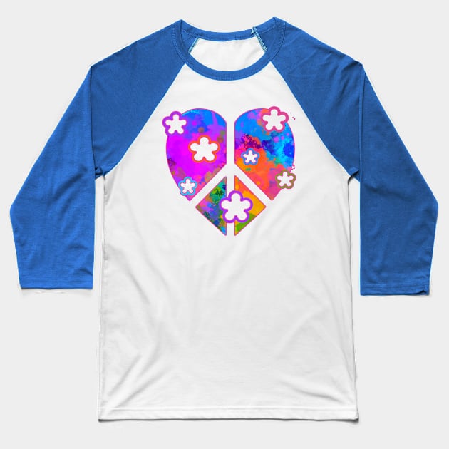 Colorful Peace and Love Heart Baseball T-Shirt by AlondraHanley